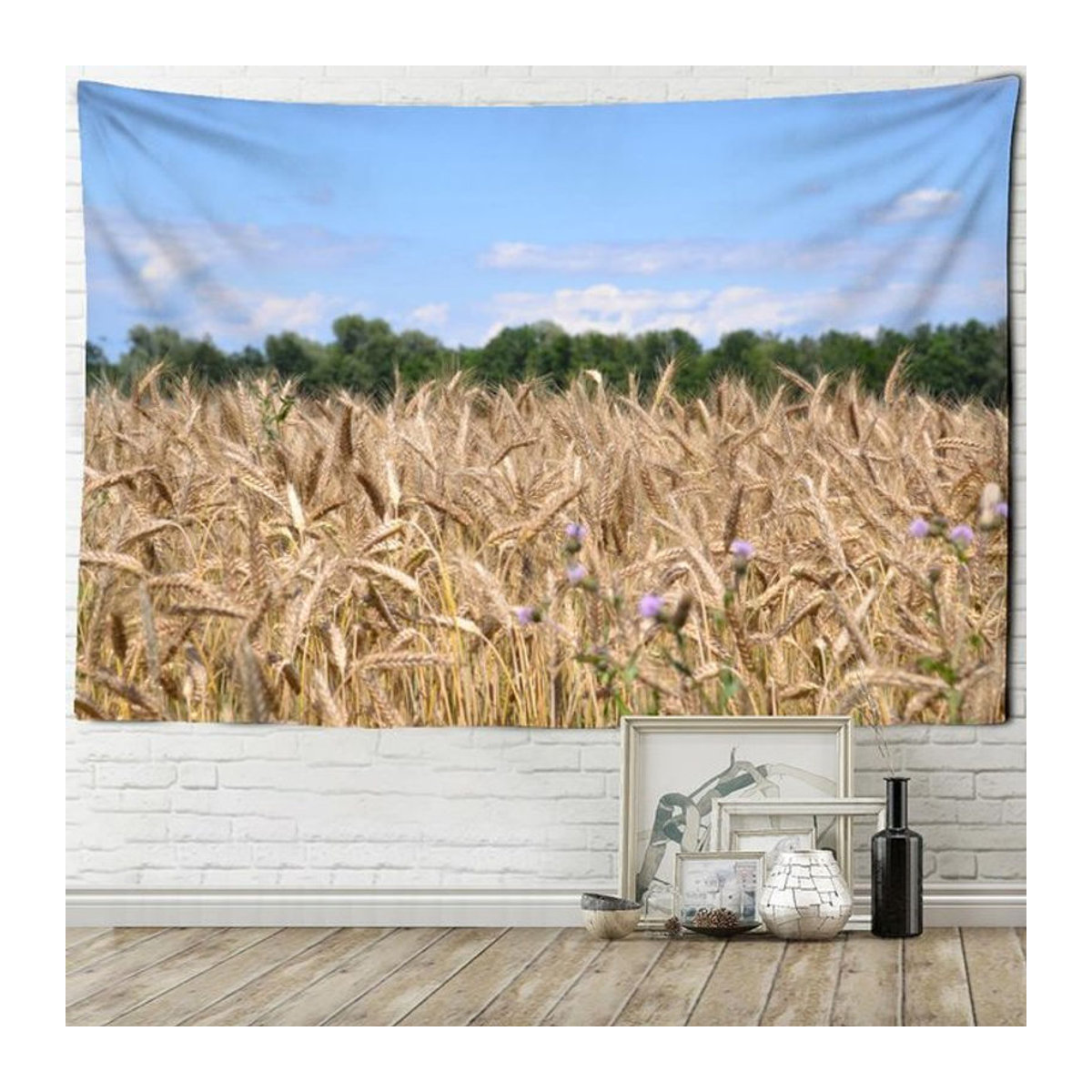 Super Six Wandtapiserie Weizenfeld Landschaft im Boho-Stil mit psychedelischem Engel, mehrfarbig, B/H: 95 x 70 cm - Bild 1