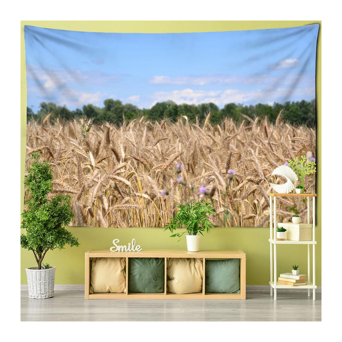 Super Six Wandtapiserie Weizenfeld Landschaft im Boho-Stil mit psychedelischem Engel, mehrfarbig, B/H: 95 x 70 cm - Bild 2