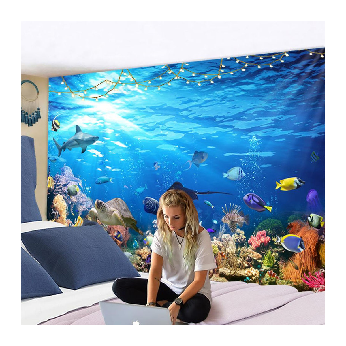 Super Six Wandteppich mit 3D Digitaldruck Psychedelische Unterwasserwelt in Blau, B/H: 95 x 70 cm - Bild 3