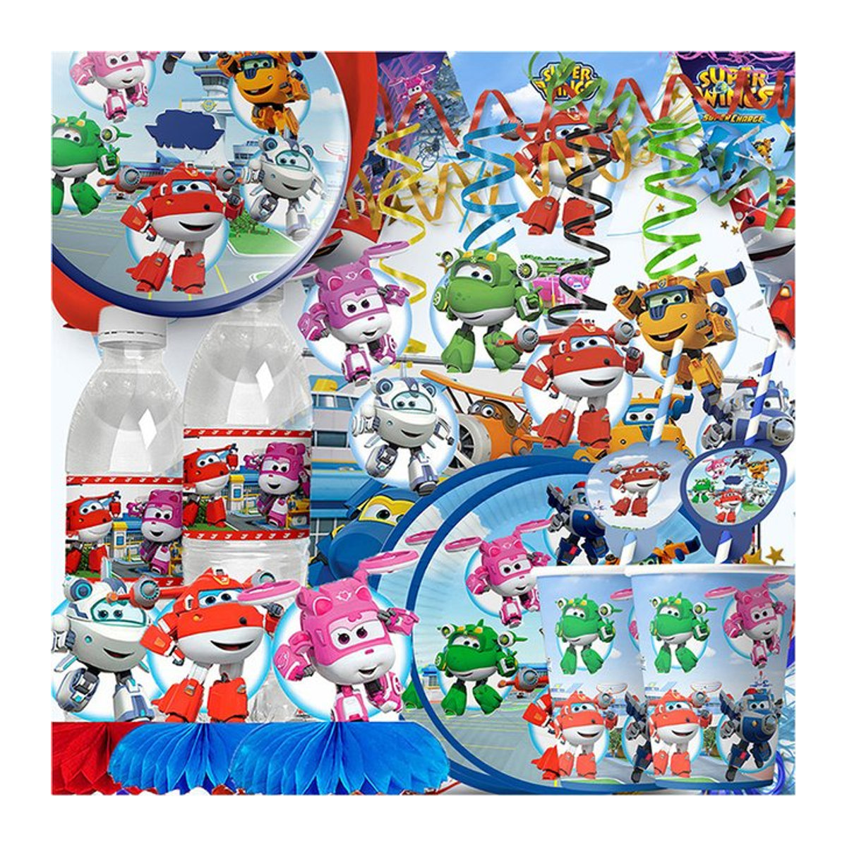 Super Wings Happy Birthday Party Dekoration Set mit Banner und Ballons in Multicolor für Kinder - Bild 1