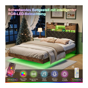 Superaly Polsterbett aus Kunstleder mit LED-Beleuchtung und Stauraum, B/T: 140 x 200 cm, Farbe: Grau, Design: Modern Nussbaum