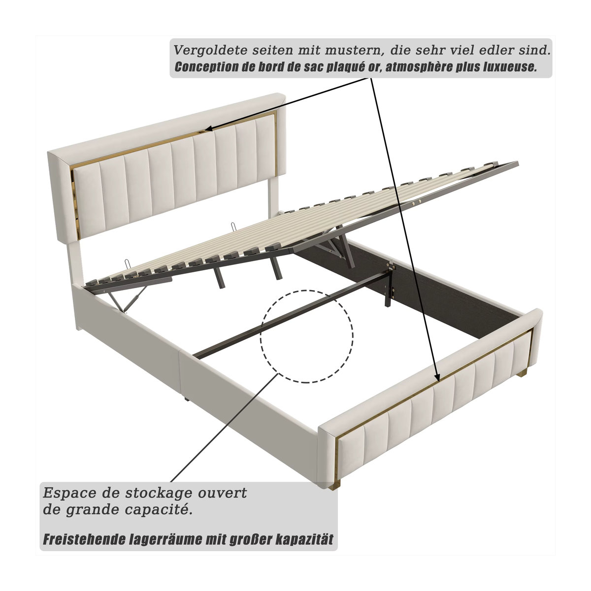 Superaly Polsterbett aus Samt mit hydraulischem Stauraum und goldenen Rahmenkanten, Modernes Doppelbett mit vertikalen Streifen, Beige oder Schwarz, B/T: 140 x 200 cm - Bild 2