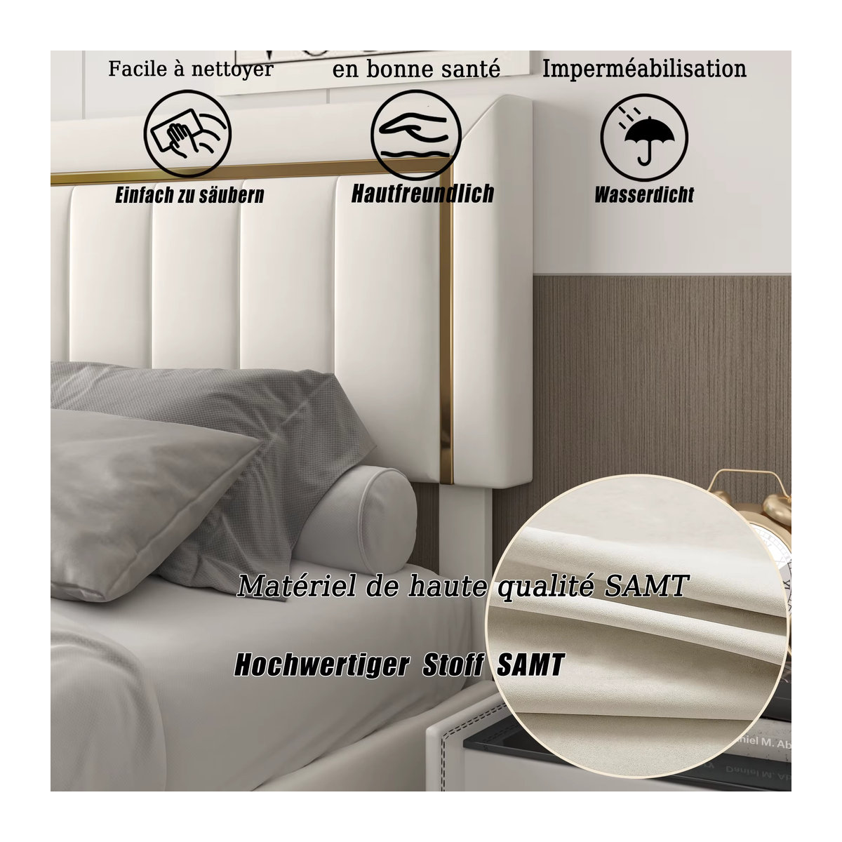 Superaly Polsterbett aus Samt mit hydraulischem Stauraum und goldenen Rahmenkanten, Modernes Doppelbett mit vertikalen Streifen, Beige oder Schwarz, B/T: 140 x 200 cm - Bild 3
