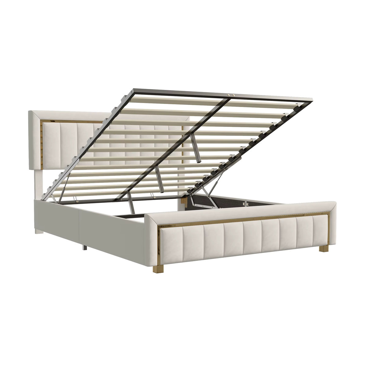 Superaly Polsterbett aus Samt mit hydraulischem Stauraum und goldenen Rahmenkanten, Modernes Doppelbett mit vertikalen Streifen, Beige oder Schwarz, B/T: 140 x 200 cm - Bild 5