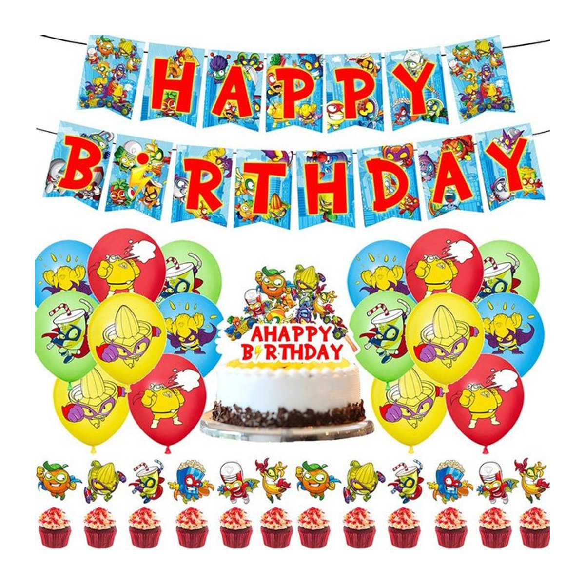 Superthings Partyzubehör Set für Kinder mit Girlande, Cake Topper und Luftballons, 30 Stück, Multicolor - Bild 1