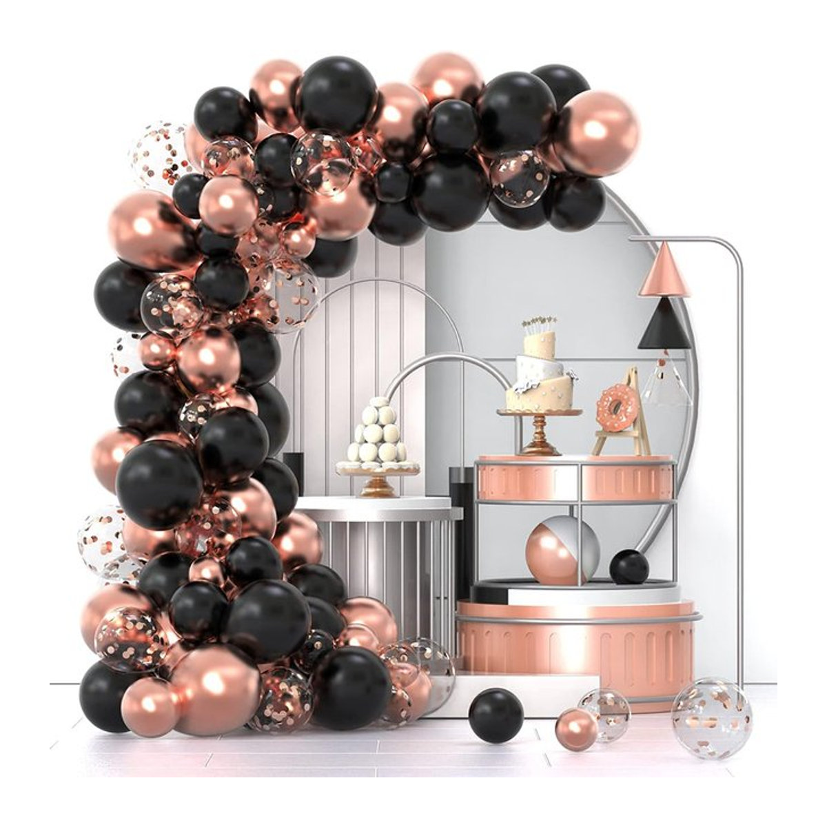 Surpsea Ballon Bogen Girlande Kit 112 Stück in Roségold und Schwarz mit Metallic Konfetti Luftballons für Hochzeit und Geburtstag - Bild 1