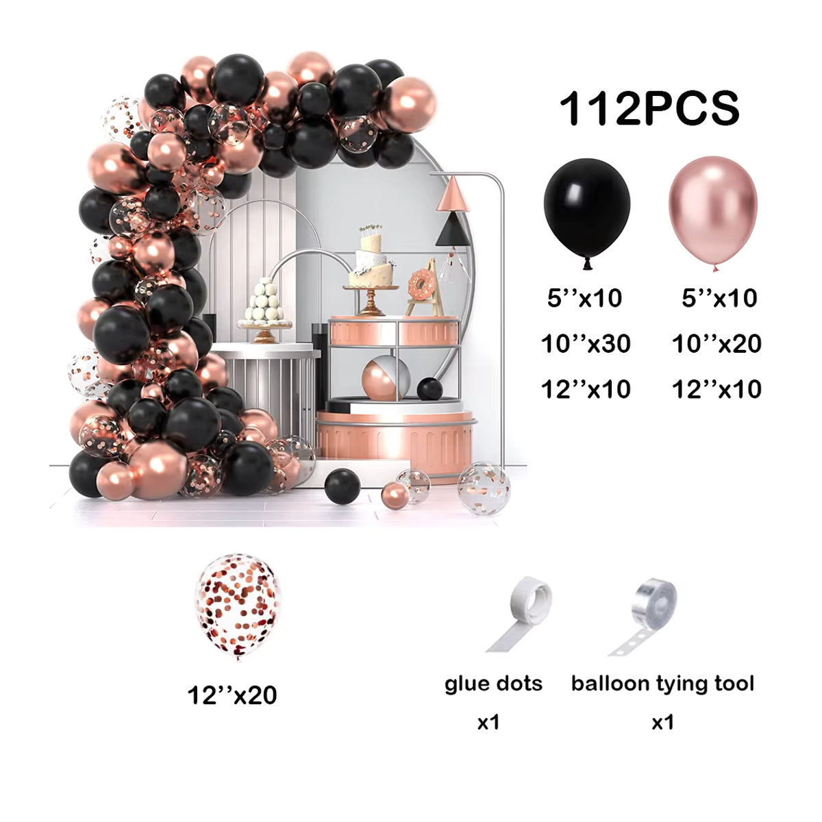 Surpsea Ballon Bogen Girlande Kit 112 Stück in Roségold und Schwarz mit Metallic Konfetti Luftballons für Hochzeit und Geburtstag - Bild 2