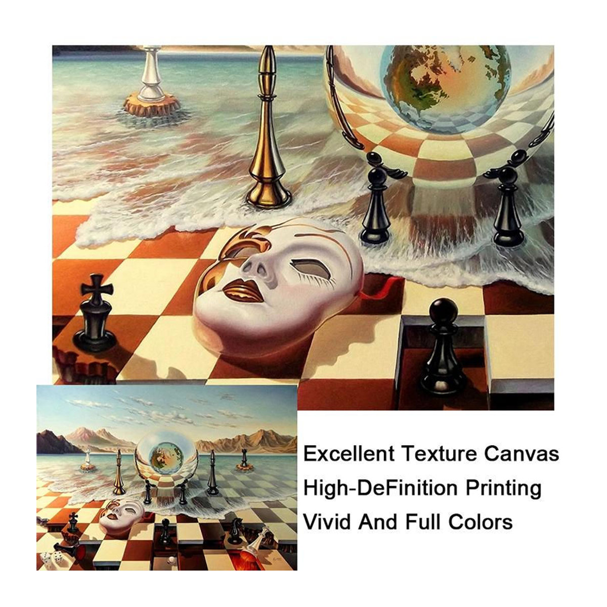 Surrealistisches Leinwandgemälde von Salvador Dali mit Schachmaske auf dem Meer von Fairy Art Gallery, Abstraktes Maritimes Wandbild, B: 70 cm, H: 120 cm, Rahmenlos - Bild 3