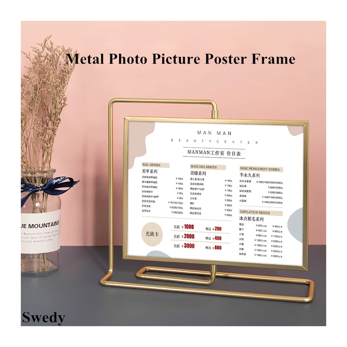 Swedy Tisch-Metallschildhalter drehbar, rechteckiger Ausstellungsständer für Menü, Foto oder Preisliste, Schwarz und Gold, Höhe: 20,3 cm - Bild 2