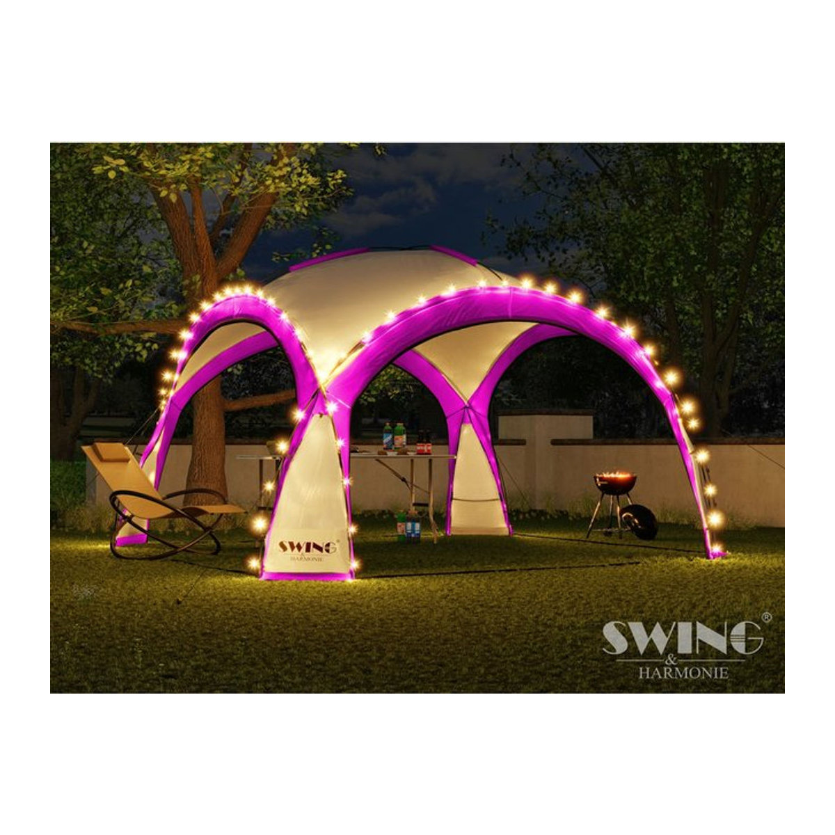 Swing&Harmonie LED Event Pavillon XXL DomeShelter 450cm Garten mit Solarmodul und Beleuchtung in Rosa - Bild 1