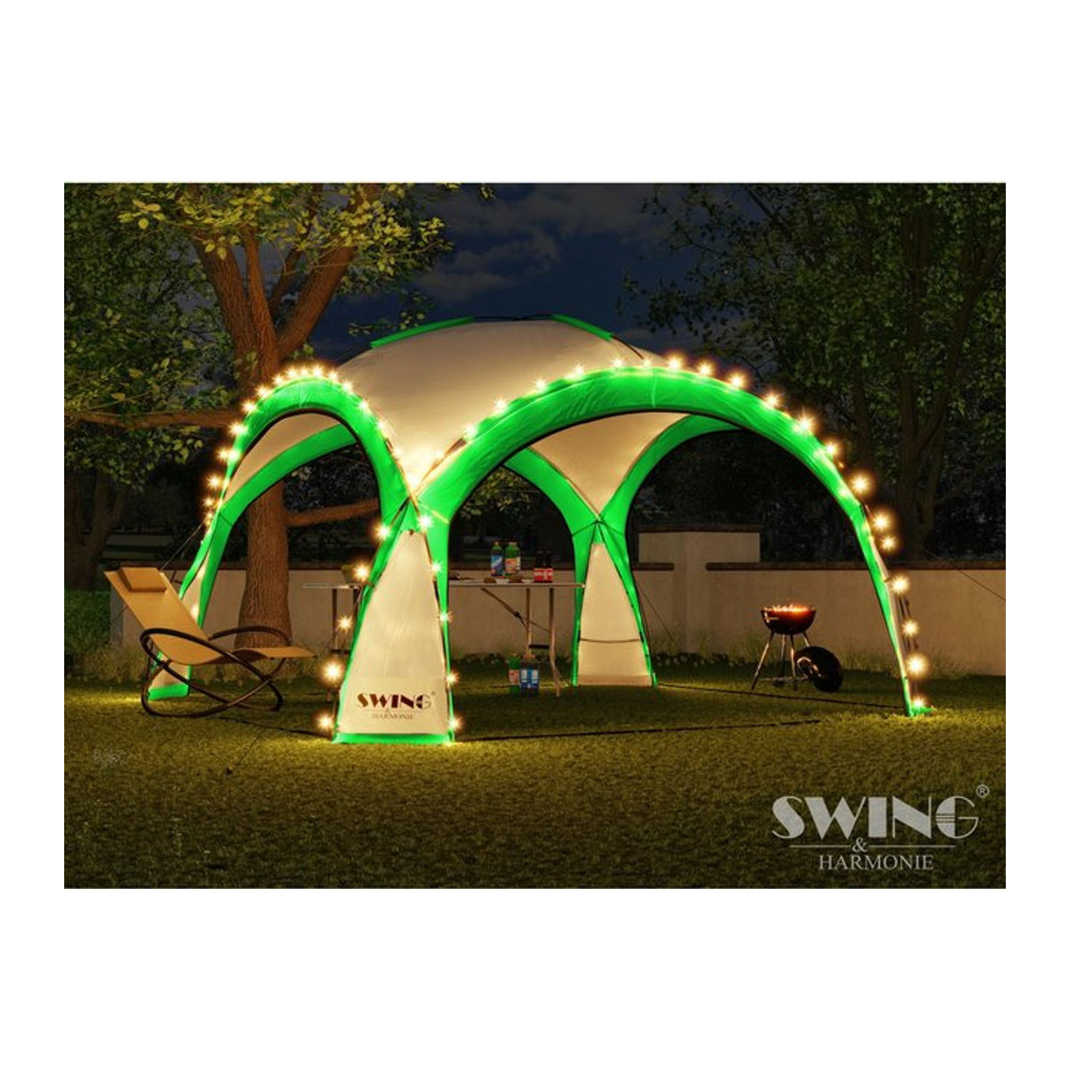 Swing&Harmonie LED Event Pavillon XXL DomeShelter 450cm mit Solarmodul und Beleuchtung, Designer Gartenzelt für Garten und Camping, grün - Bild 1