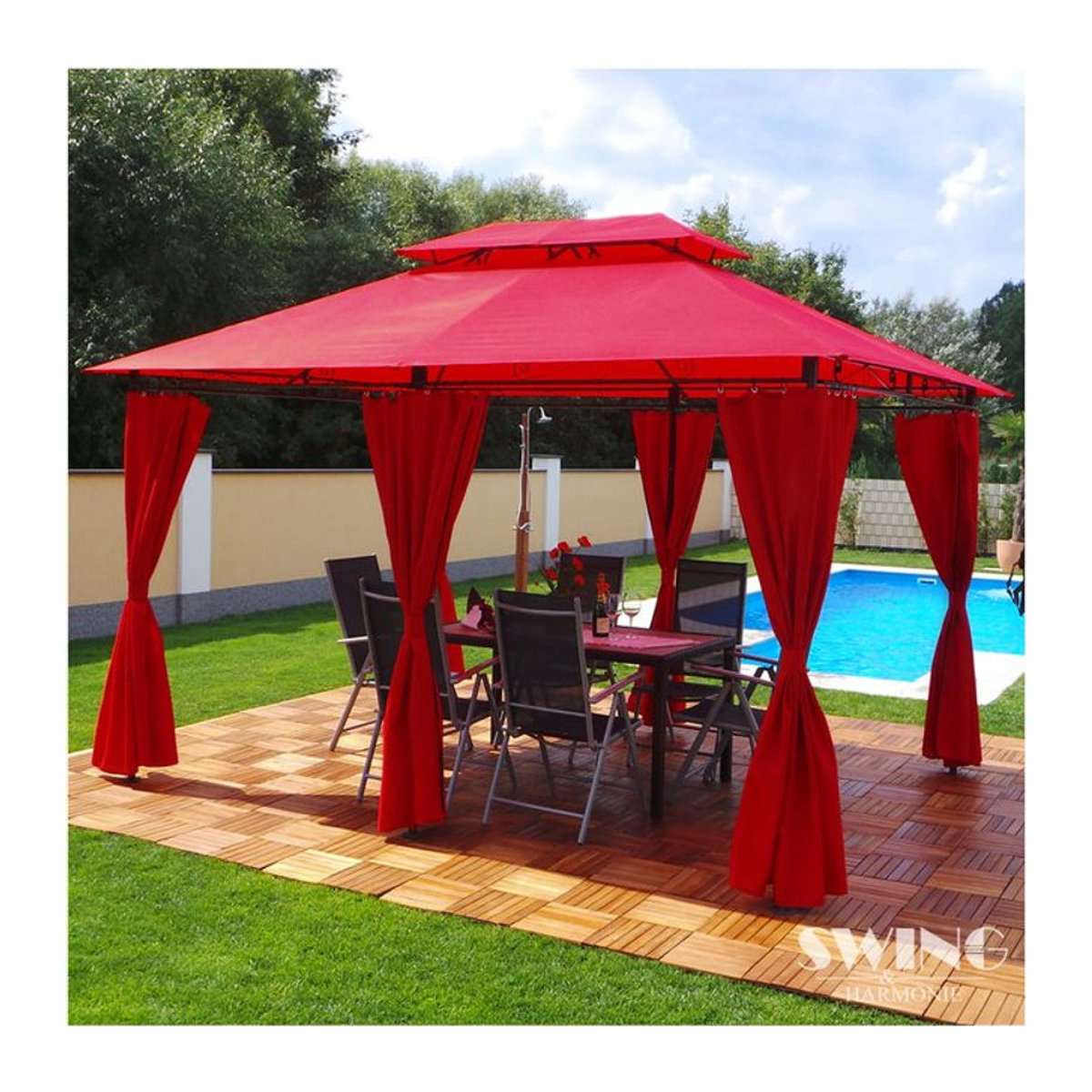Swing&Harmonie Luxus LED Gartenpavillon Minzo in Rot mit Seitenwänden, LED-Beleuchtung und Solarmodul, B/T/H: 400 x 300 cm - Bild 1