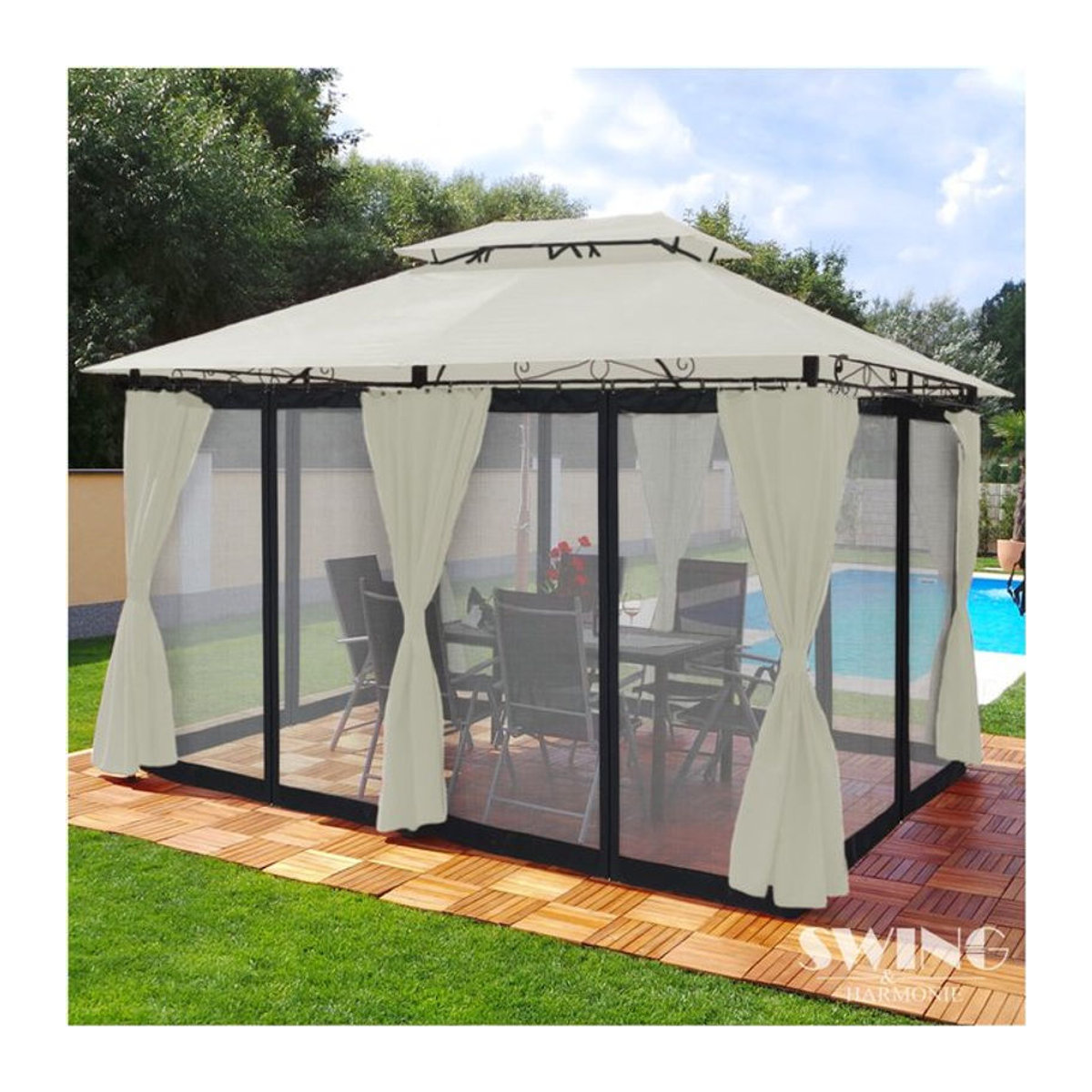Swing&Harmonie Luxus LED Gartenpavillon Minzo mit Solarmodul und Seitenwänden in Beige, B/T/H: 400 x 300 x 250 cm - Bild 1