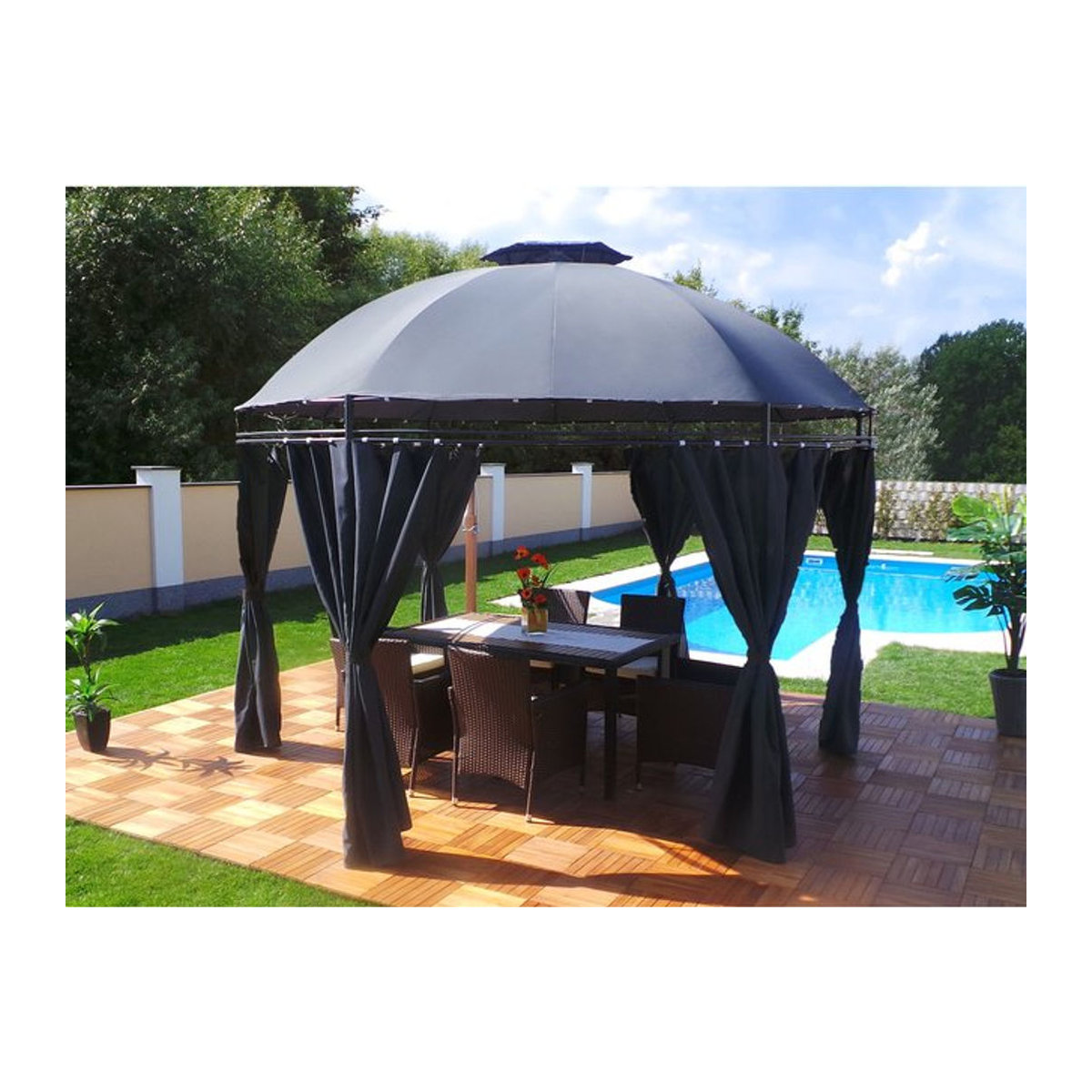 Swing&Harmonie Runder Gartenpavillon Lavo in Anthrazit mit LED-Beleuchtung, Seitenwänden und Solarmodul Durchmesser: 350 cm - Bild 1
