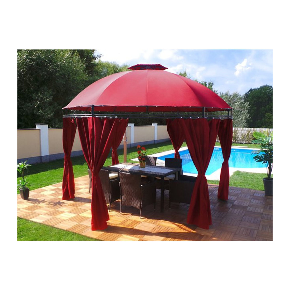 Swing&Harmonie Runder Gartenpavillon Lavo in Rot mit LED-Beleuchtung, Seitenwänden und Solarmodul Durchmesser: 350 cm - Bild 1