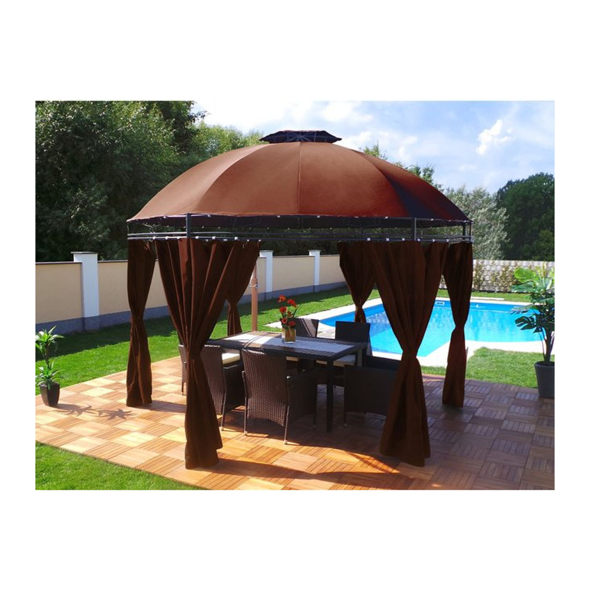 Swing&Harmonie Runder Gartenpavillon Lavo mit LED-Beleuchtung und Solarmodul, Braun, Durchmesser: 350 cm - Bild 1