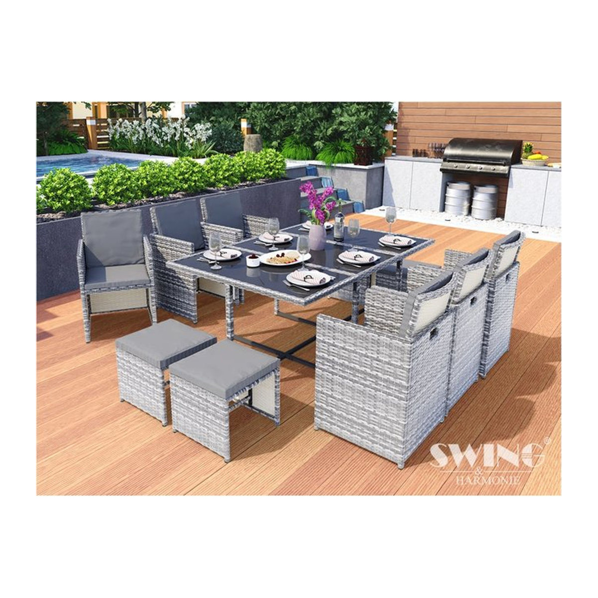 Swing&Harmonie Vegas Polyrattan Sitzgruppe mit Esstisch in Grau als Gartenmöbel-Set - Bild 1