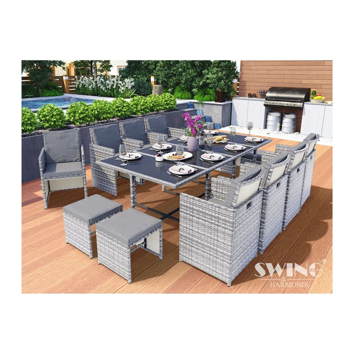 Swing&Harmonie Vegas Polyrattan Sitzgruppe mit Esstisch in Grau als Gartenmöbel-Set - Bild 1