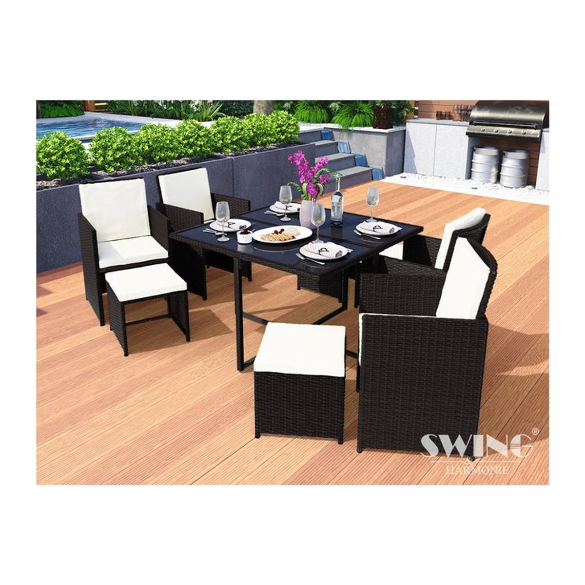Swing&Harmonie Vegas Polyrattan Sitzgruppe mit Esstisch in Schwarz als Gartenmöbel-Set - Bild 1