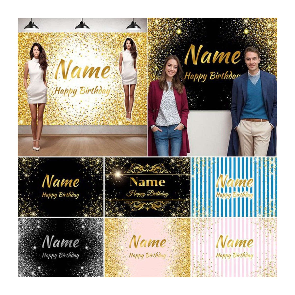 Sylvia Home Personalisierter Geburtstag Banner mit Name und Foto in Schwarz und Gold mit Sternen als rechteckige Party Dekoration - Bild 1