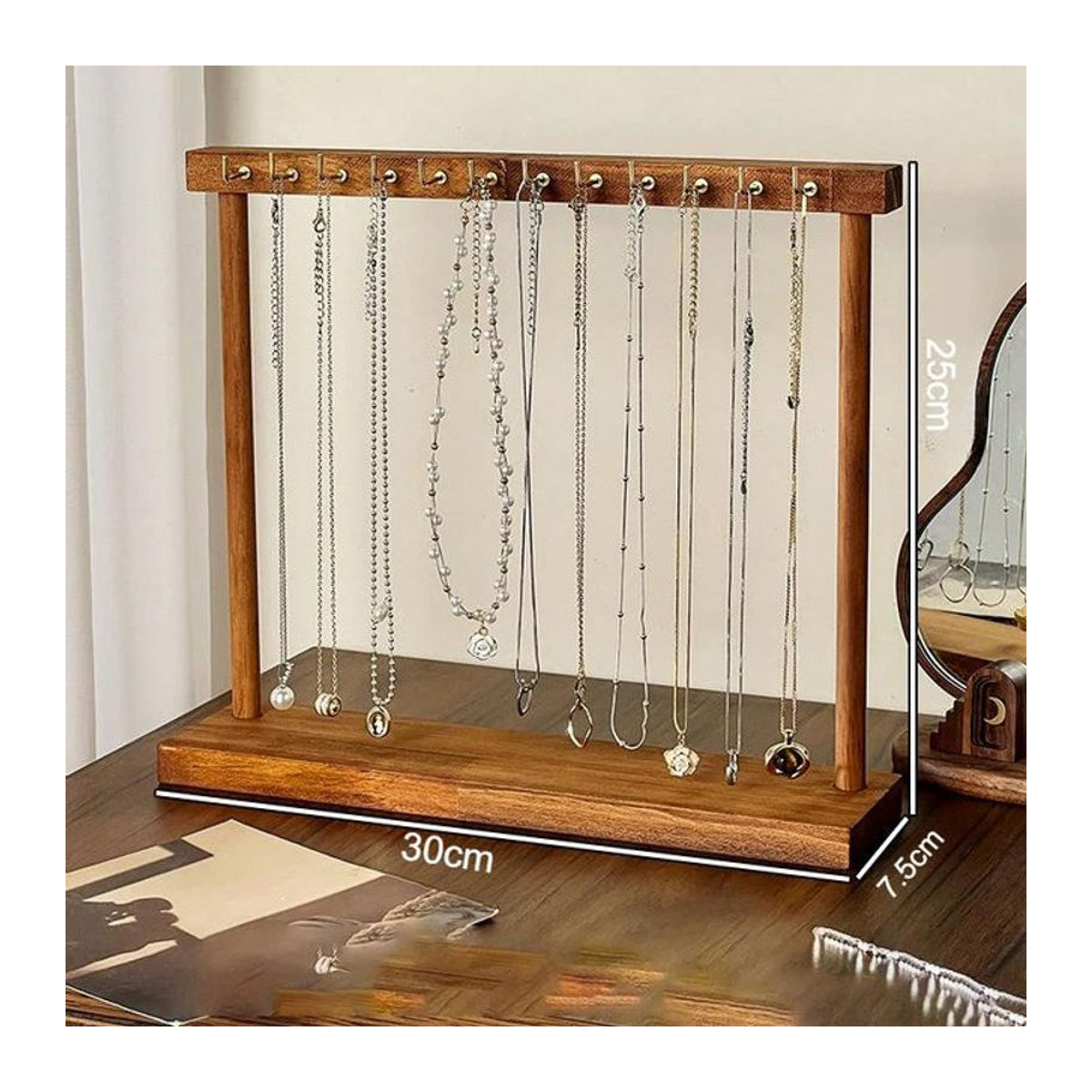 SZwatch Schmuck-Organizer aus Massivholz in Braun mit 12 Haken für Halsketten, Ohrringe und Armbänder - Bild 1