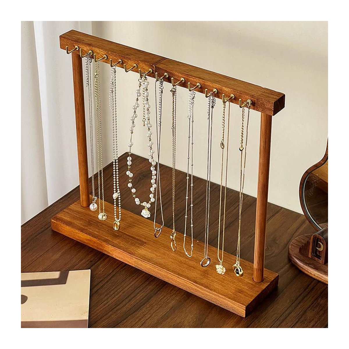 SZwatch Schmuck-Organizer aus Massivholz in Braun mit 12 Haken für Halsketten, Ohrringe und Armbänder - Bild 3