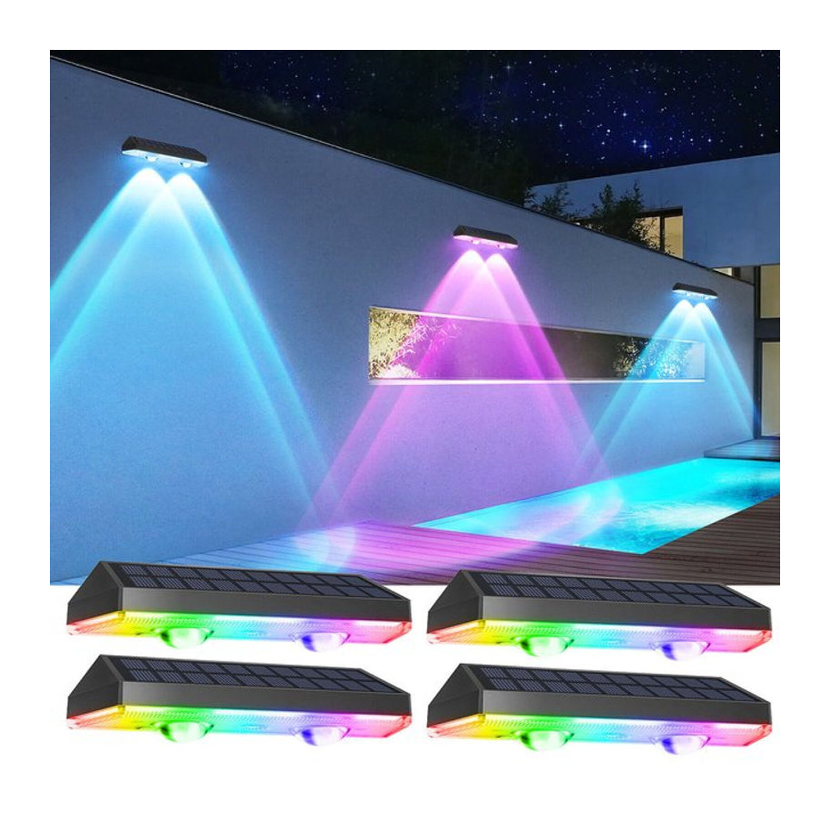 T-SUNRISE 2er Set Solar Zaunleuchten mit RGB und warmweißem LED Licht, IP65 wasserdichte Außenwandleuchten für moderne Dekoration, Bunt - Bild 1