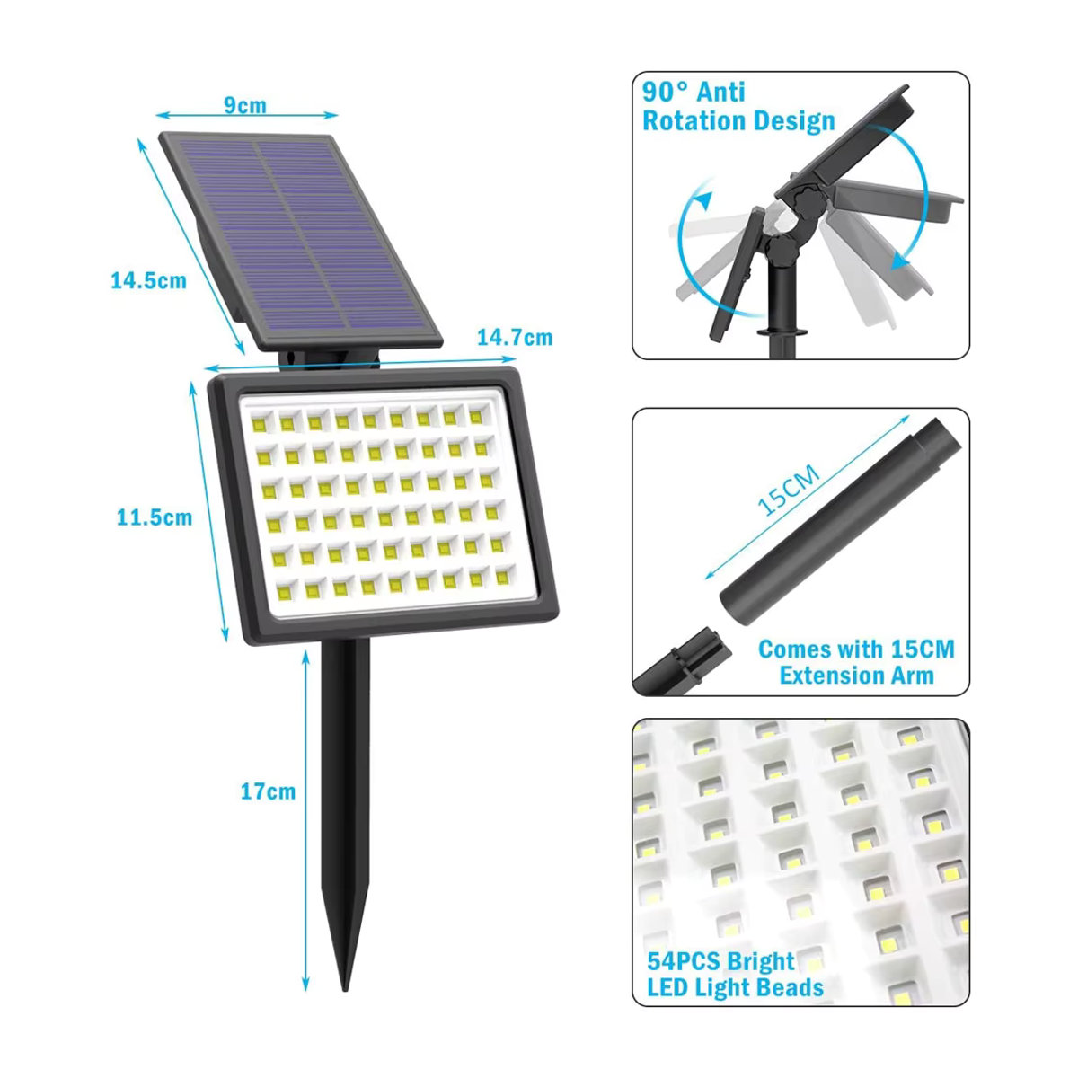 T-SUNRISE Moderne Solar Wandleuchte mit 54 LED in Schwarz, Wasserdichte Solar Gartenleuchte für den Außenbereich - Bild 3