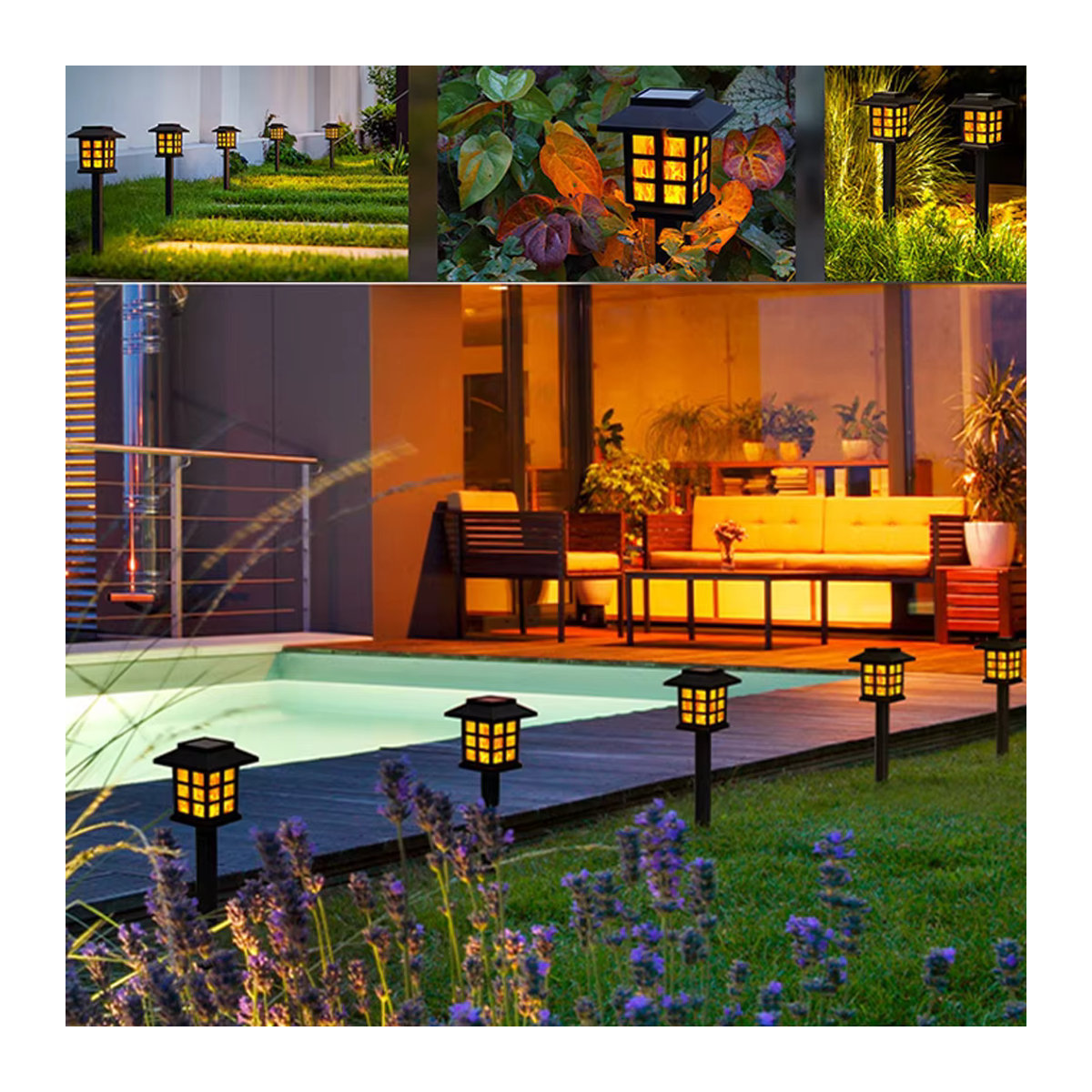 T-SUNRISE Solar Flammen Fackel mit 10 LEDs, Wasserdichte LED Solarleuchte für Garten und Terrasse, Schwarz, Modern - Bild 3