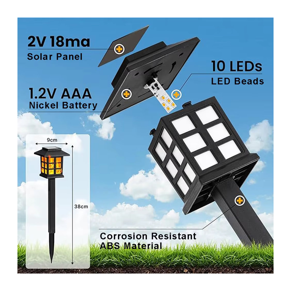 T-SUNRISE Solar Flammen Fackel mit 10 LEDs, Wasserdichte LED Solarleuchte für Garten und Terrasse, Schwarz, Modern - Bild 4