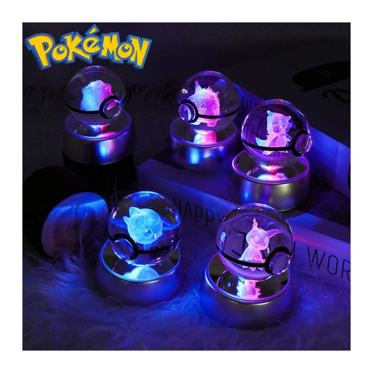 TAKARA TOMY Pokemon 3D Kristallkugel mit LED Licht Multicolor Mimikyu Charizard Gengar Cubone Rayquaza Pokeball Figuren - Bild 1