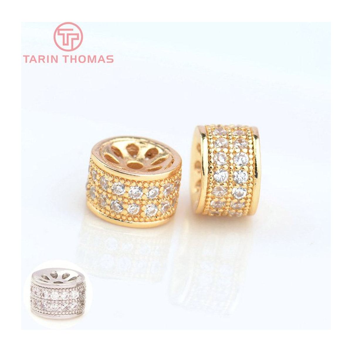 TARIN THOMAS Schmuckzubehör 6er Set Zylindrische Spacer Perlen aus Messing in Champagner Gold, B/D/H: 9 x 6 mm - Bild 1