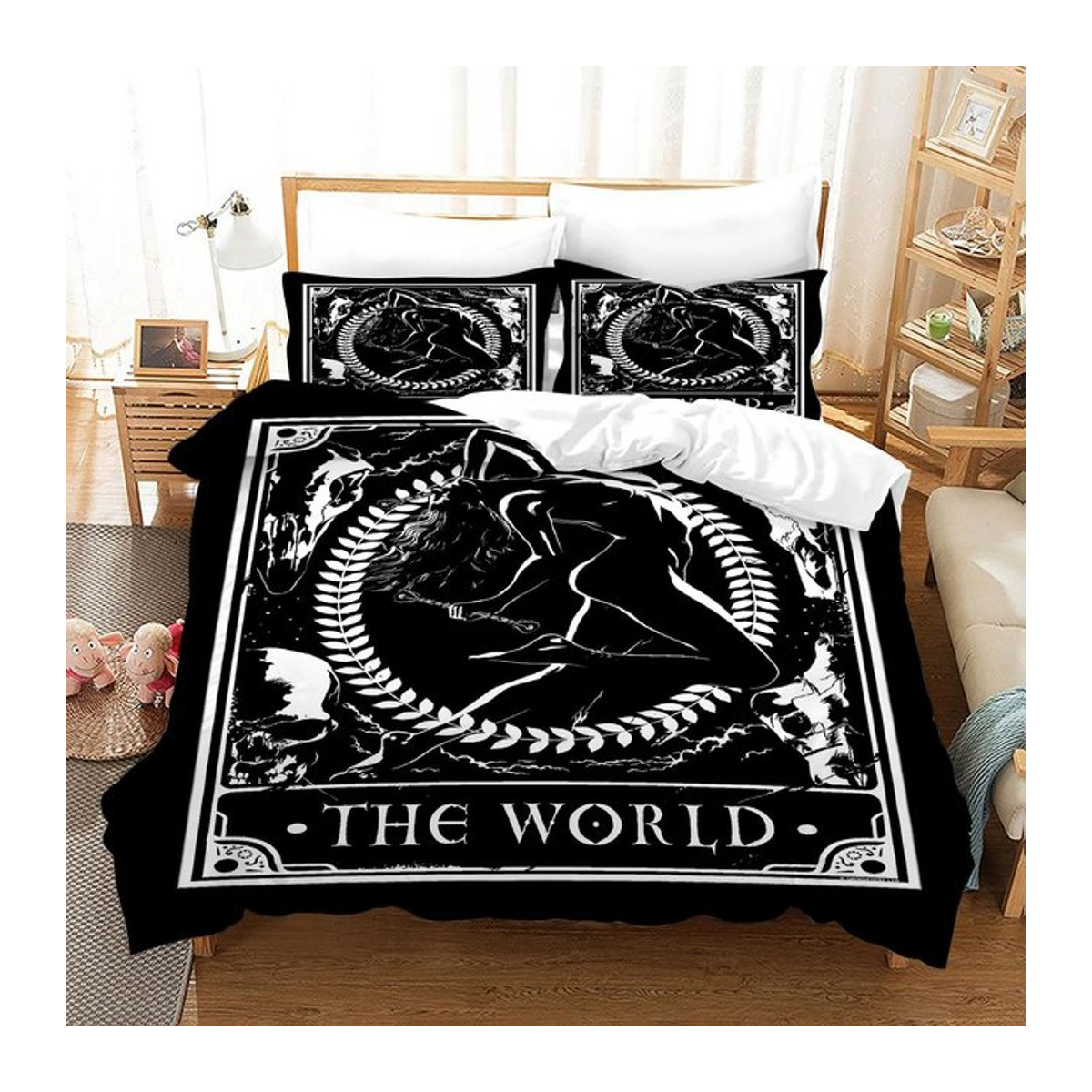 Tarotkarten Bettwäsche Set mit Sonne Motiv in Schwarz und Weiß, Polyester Bettbezug mit Reißverschluss, Maße B: 135 cm, H: 200 cm - Bild 1