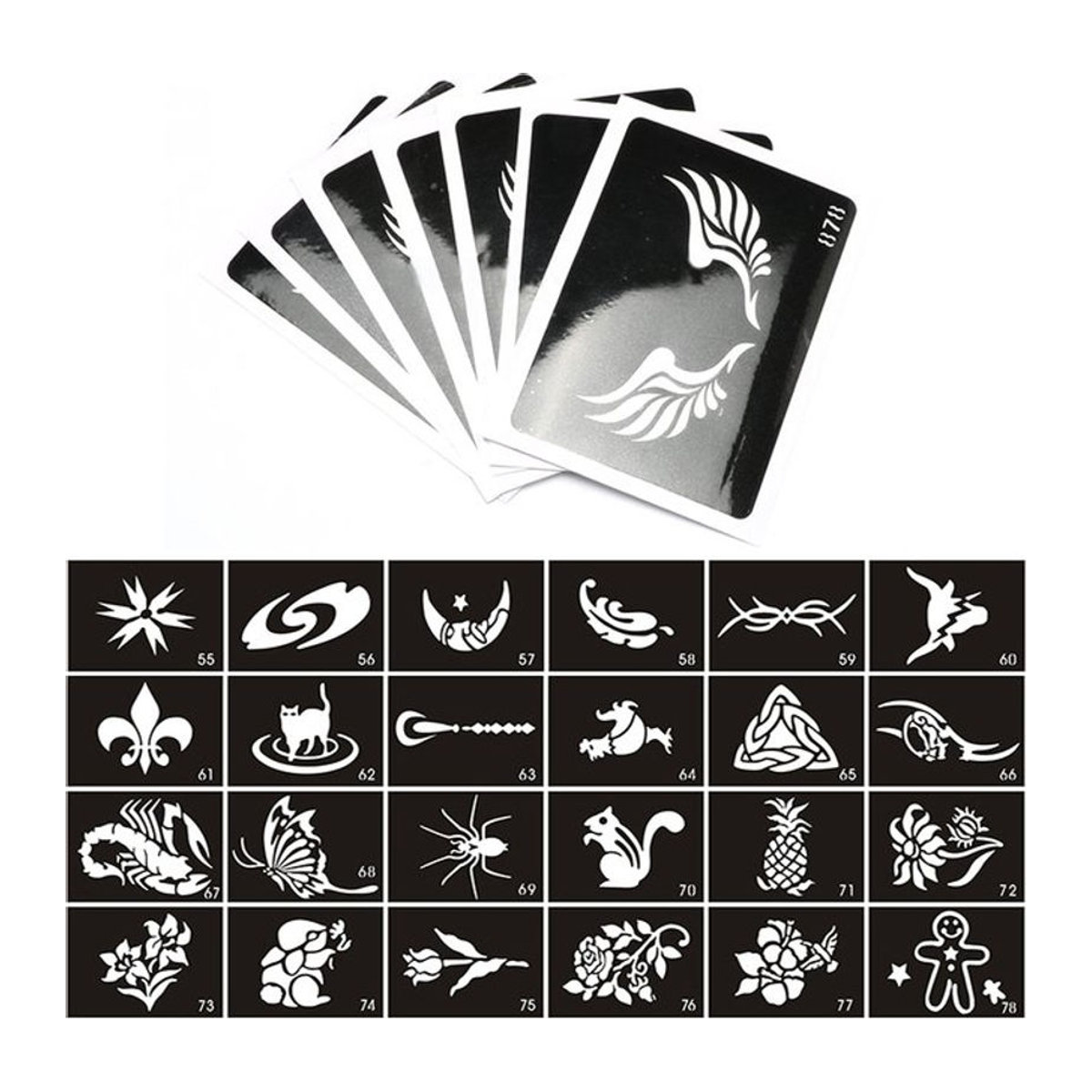 Tattoo Schablonen Set mit Sternen, Herzen und Schädeln für Körperbemalung und Glitter-Designs in Schwarz aus Kunststoff - Bild 1