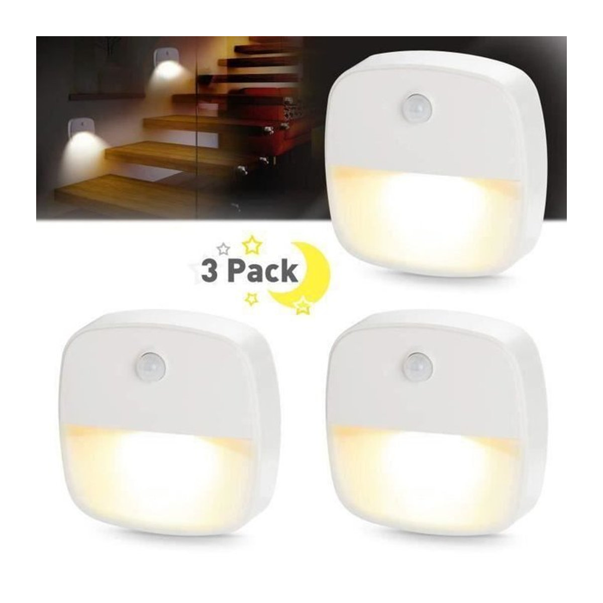 Techtrusty LED Wand-Nachtlicht mit Bewegungsmelder und Lichtsensor für den Innenbereich, 3er-Pack - Bild 1