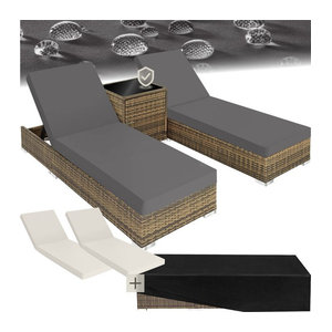 tectake 2er Set Gartenliegen aus Aluminium und Polyrattan in Grau inklusive Tisch mit Staufach, Bezugssets und Schutzhülle
