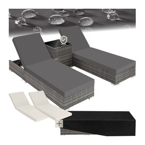 tectake 2er Set Gartenliegen aus Polyrattan in Grau mit Tisch und Staufach inklusive Bezugssets und Schutzhülle