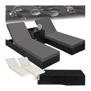 tectake 2er Set Gartenliegen aus Polyrattan und Aluminium in Grau inklusive Tisch mit Staufach, 2 Bezugssets und Schutzhülle