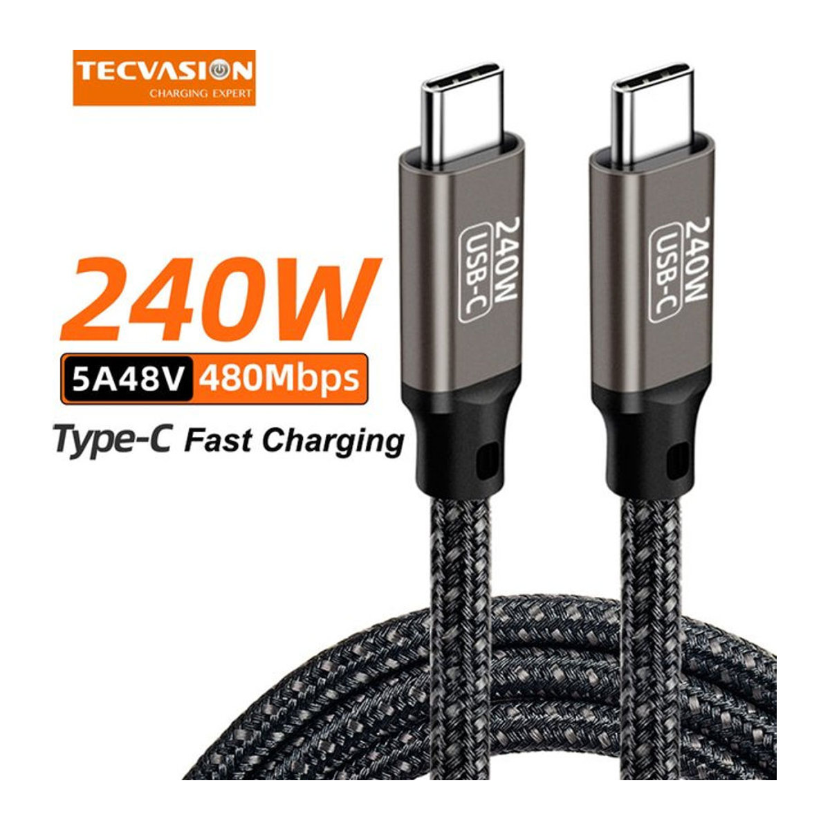 TECVASION USB-C zu USB-C Kabel Schwarz, 240W PD, USB 3.1 mit 480Mbps Datenübertragung und 48V/5A Schnellladefunktion für MacBook, Samsung und Huawei - Bild 1