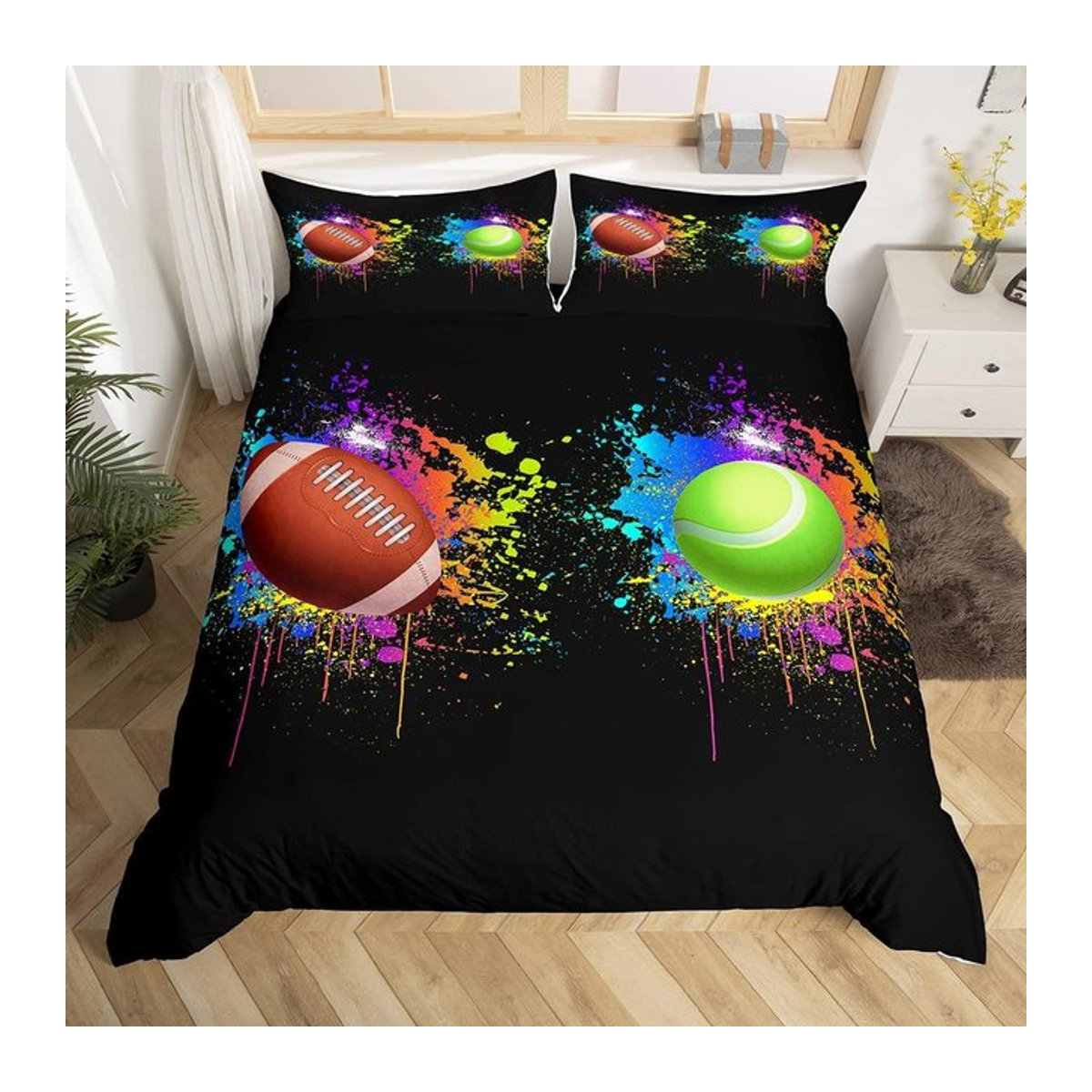 Tennisball Bettwäsche Set für Einzelbetten mit Tennis Schläger Design, Multicolor, B/T/H: 135 x 200 cm - Bild 1