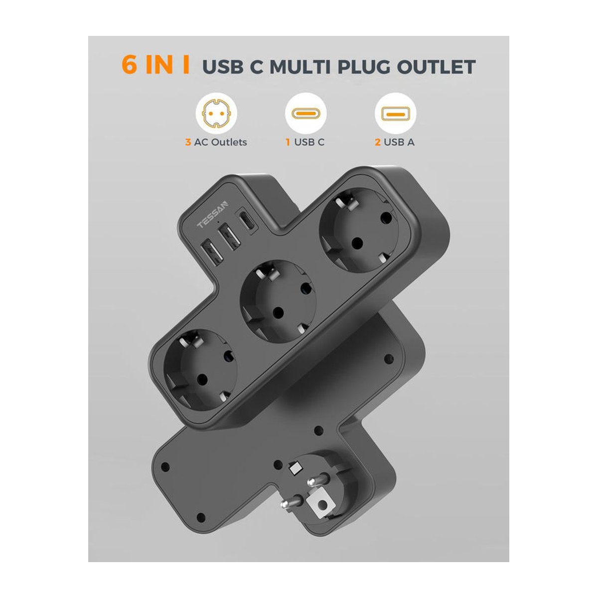 TESSAN 6-in-1 Mehrfachsteckdose in Schwarz und Grau mit 3 AC-Steckdosen, 2 USB-Anschlüssen und Typ-C-Anschluss inklusive Überlastschutz - Bild 2