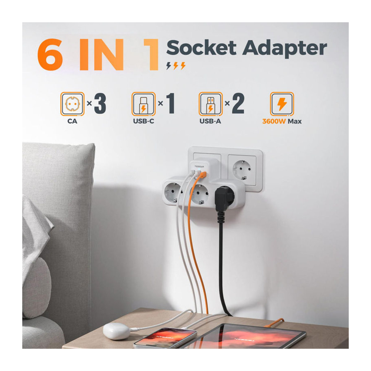 TESSAN 6-in-1 Mehrfachsteckdose in Schwarz und Grau mit 3 AC-Steckdosen, 2 USB-Anschlüssen und Typ-C-Anschluss inklusive Überlastschutz - Bild 3