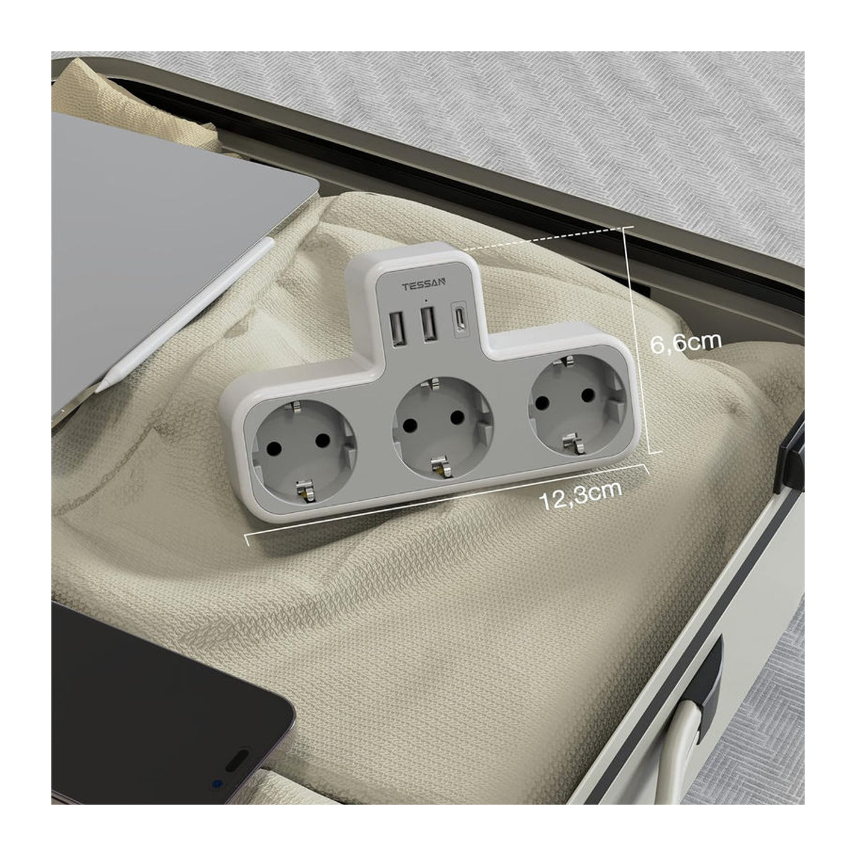 TESSAN 6-in-1 Mehrfachsteckdose in Schwarz und Grau mit 3 AC-Steckdosen, 2 USB-Anschlüssen und Typ-C-Anschluss inklusive Überlastschutz - Bild 5