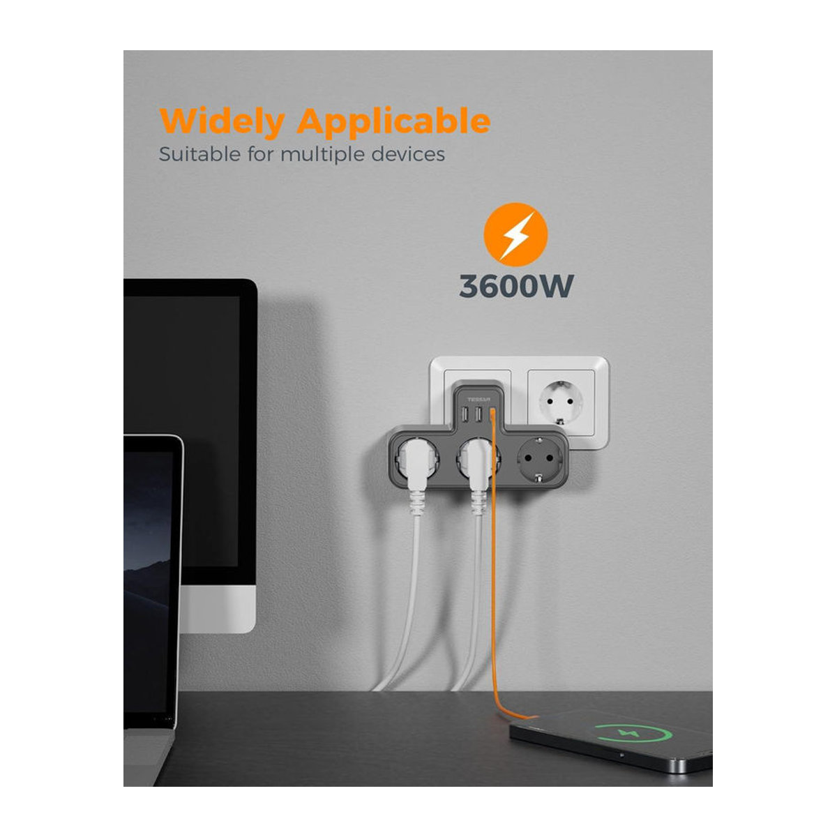 TESSAN 6-in-1 Mehrfachsteckdose mit 3 AC-Steckdosen, 2 USB-A und 1 USB-C Anschluss in Schwarz mit Überlastschutz - Bild 2