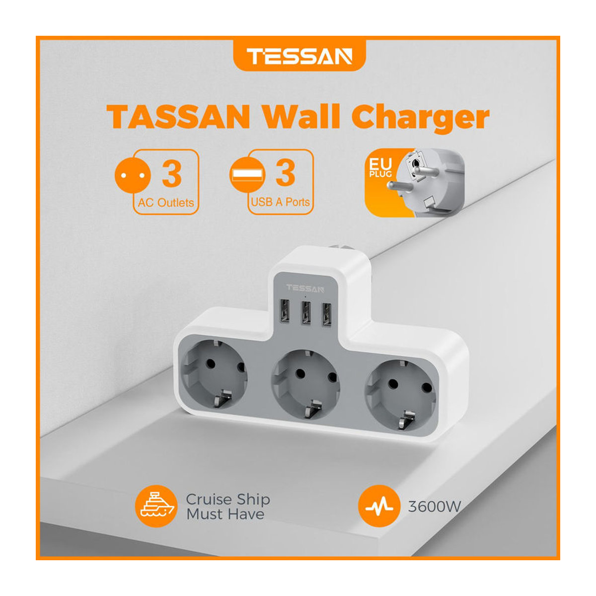 TESSAN Mehrfachsteckdose 6-in-1 mit 3 AC-Steckdosen, 2 USB-A und 1 USB-C Anschluss in Grau mit Überlastungsschutz - Bild 3