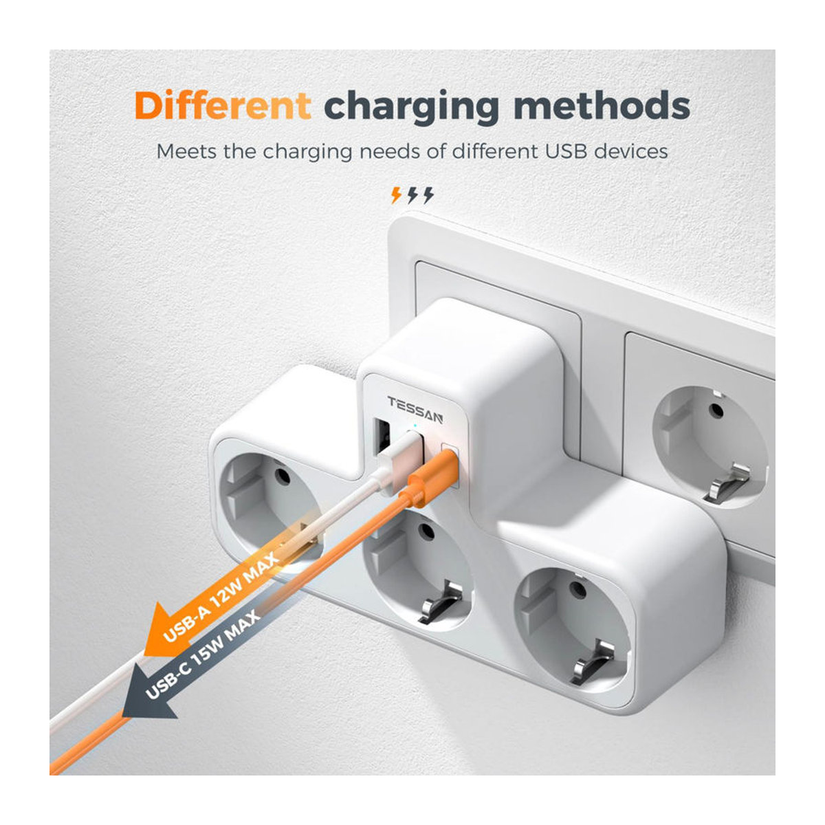 TESSAN Mehrfachsteckdose 6 in 1 mit 4 Steckdosen, 1 USB-C und 2 USB-A Ports in Grau - Bild 1