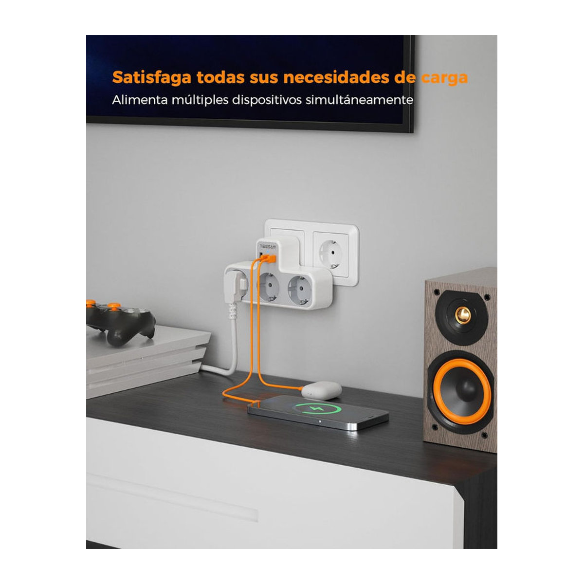 TESSAN Mehrfachsteckdose 6 in 1 mit 4 Steckdosen, 1 USB-C und 2 USB-A Ports in Grau - Bild 2