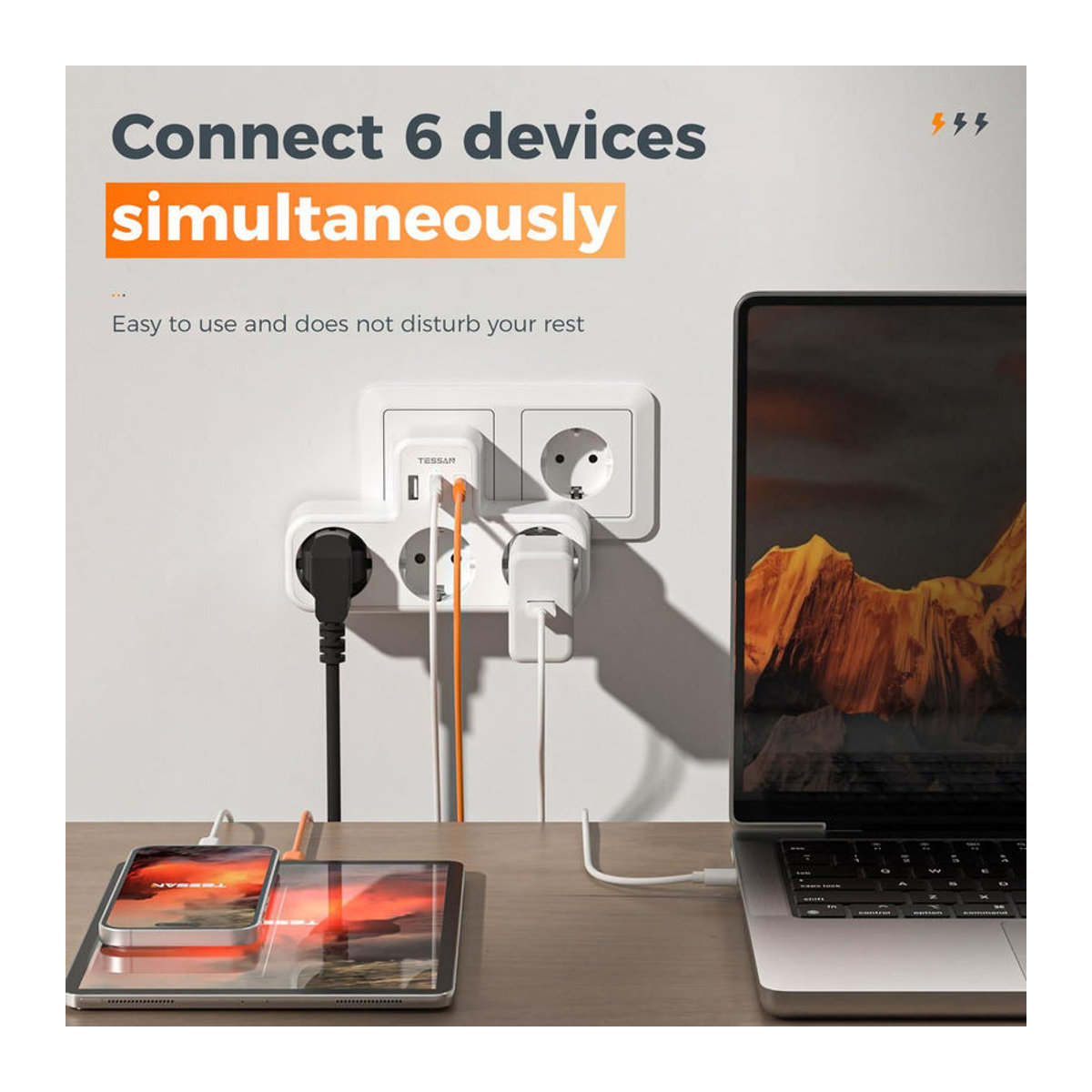 TESSAN Mehrfachsteckdose 6 in 1 mit 4 Steckdosen, 1 USB-C und 2 USB-A Ports in Grau - Bild 4