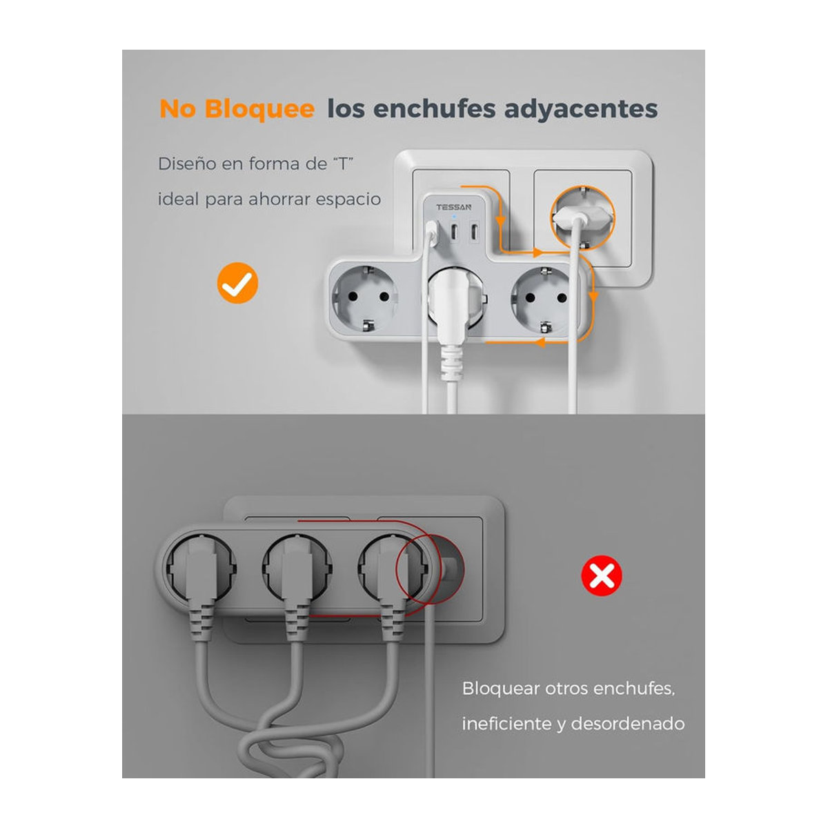 TESSAN Mehrfachsteckdose 6 in 1 mit 4 Steckdosen, 1 USB-C und 2 USB-A Ports in Grau - Bild 5