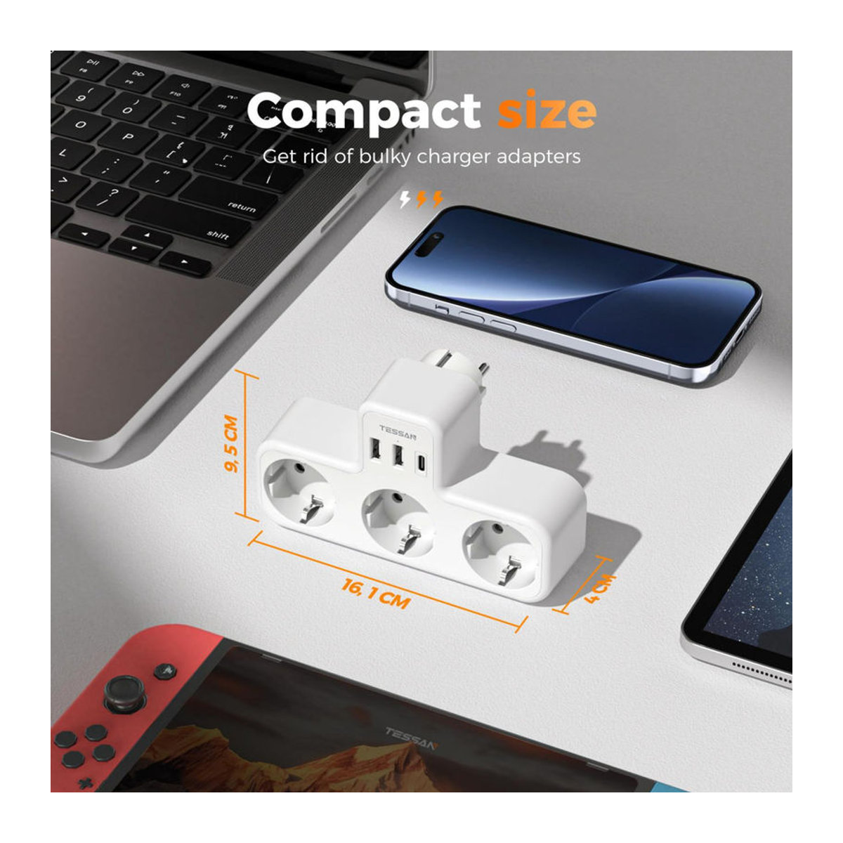 TESSAN Mehrfachsteckdose 6 in 1 mit 4 Steckdosen, 1 USB-C und 2 USB-A Ports in Grau - Bild 7